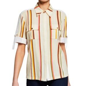 Tory Burch Canyon Stripe Cotton Shirt Size 6 Collared Multicolor Button Down